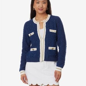 Lilly Pulitzer Nalayna Cardigan Low Tide Navy Sweater Cropped Crewneck Sz M